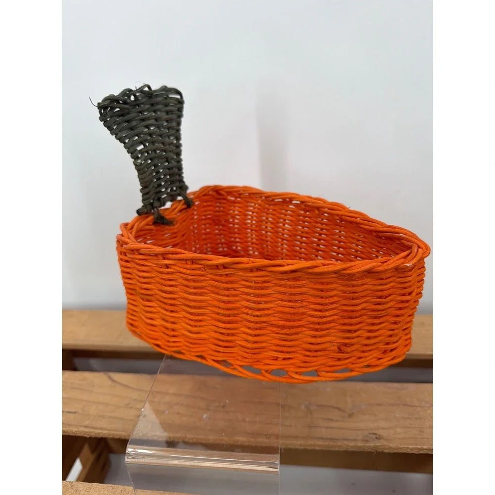 Vintage Orange Wicker Carrot Basket Easter Decor Green Stem‎ Woven Storage